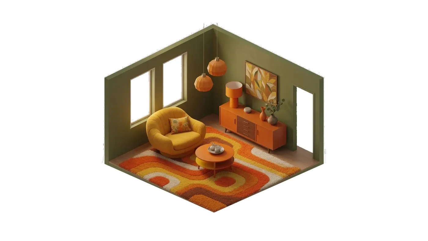 Isometriskt vardagsrum i retrostil med orange soffa, gröna väggar och varma trädetaljer