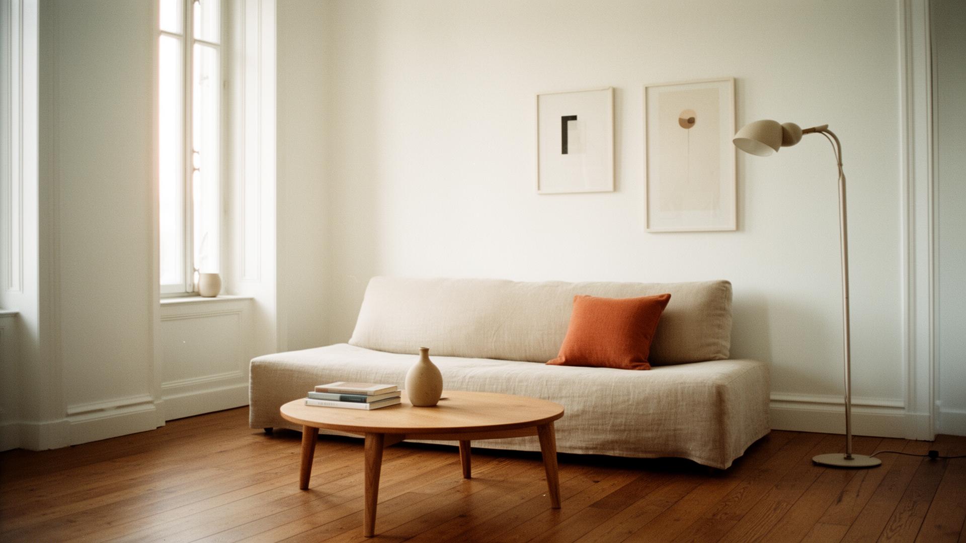 Ett varmt stylat skandinaviskt vardagsrum med beige linnesoffa, ekbord och orange accentkudde